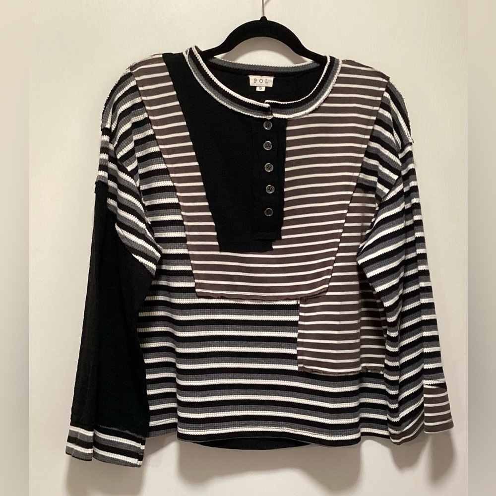POL Black, White and Brown Striped Button-Up Top